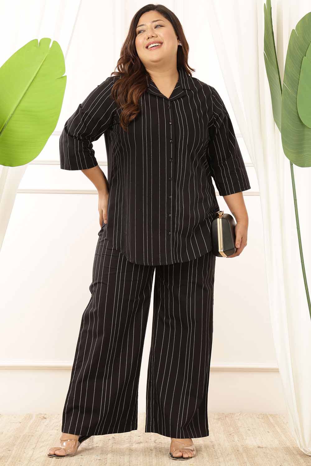 Plus Size Black Stripe Shirt Coord Set for Women