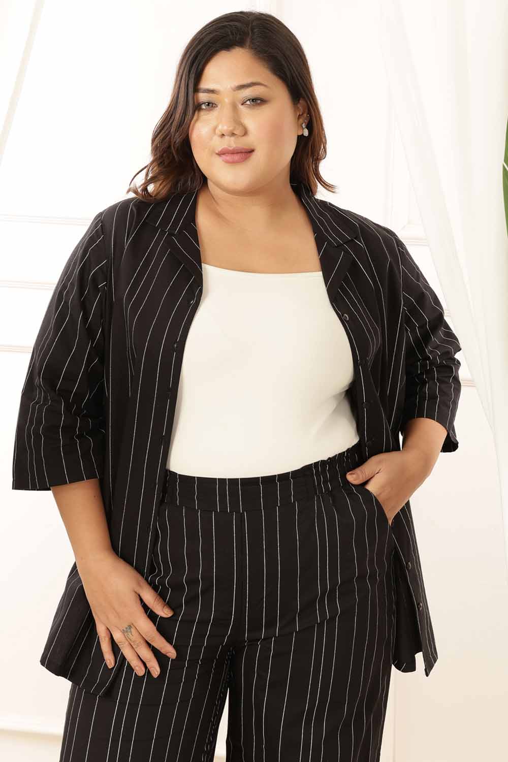 Plus Size Black Stripe Shirt Coord Set