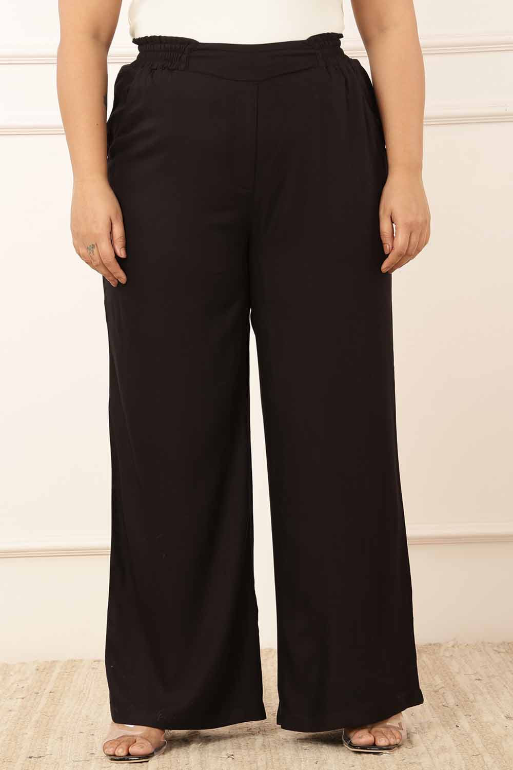 Plus Size Black Rayon Twill Korean Pants