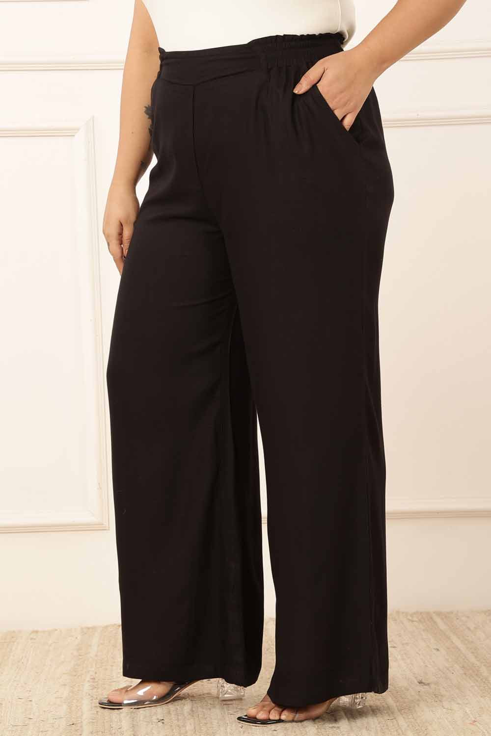 Plus Size Plus Size Black Rayon Twill High Waist Pants