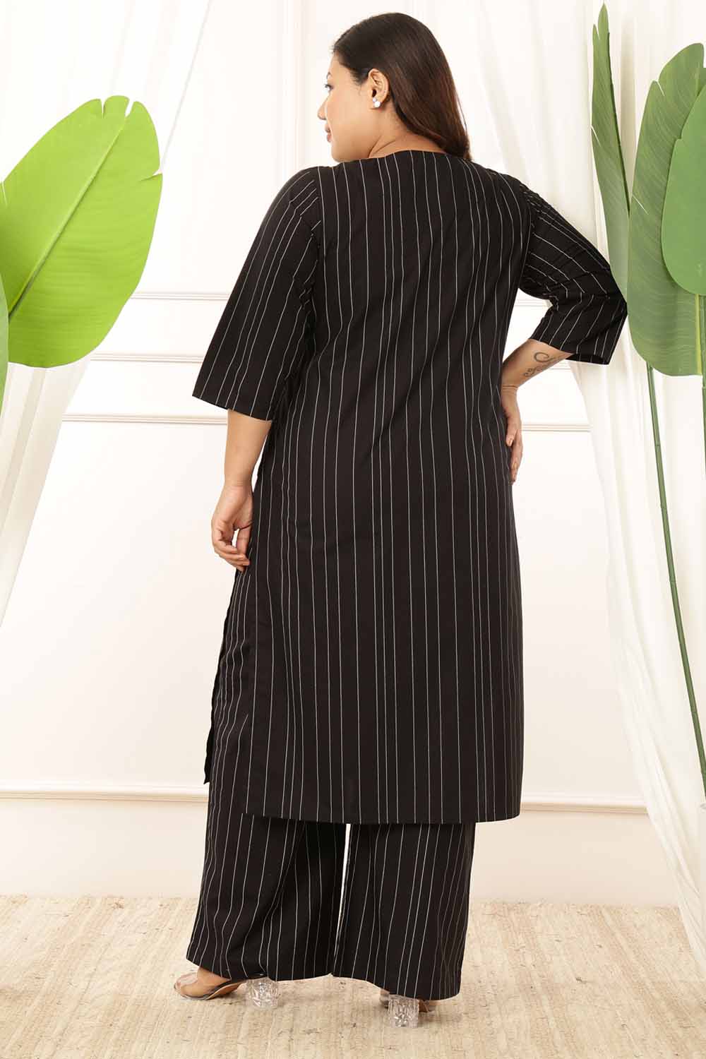 Plus Size Black Stripe Cotton Kurta Coord Set