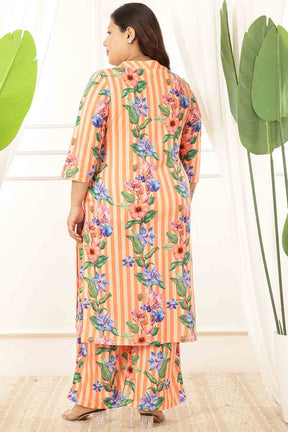 Plus Size Orange Floral Stripes Kurta Coord Set