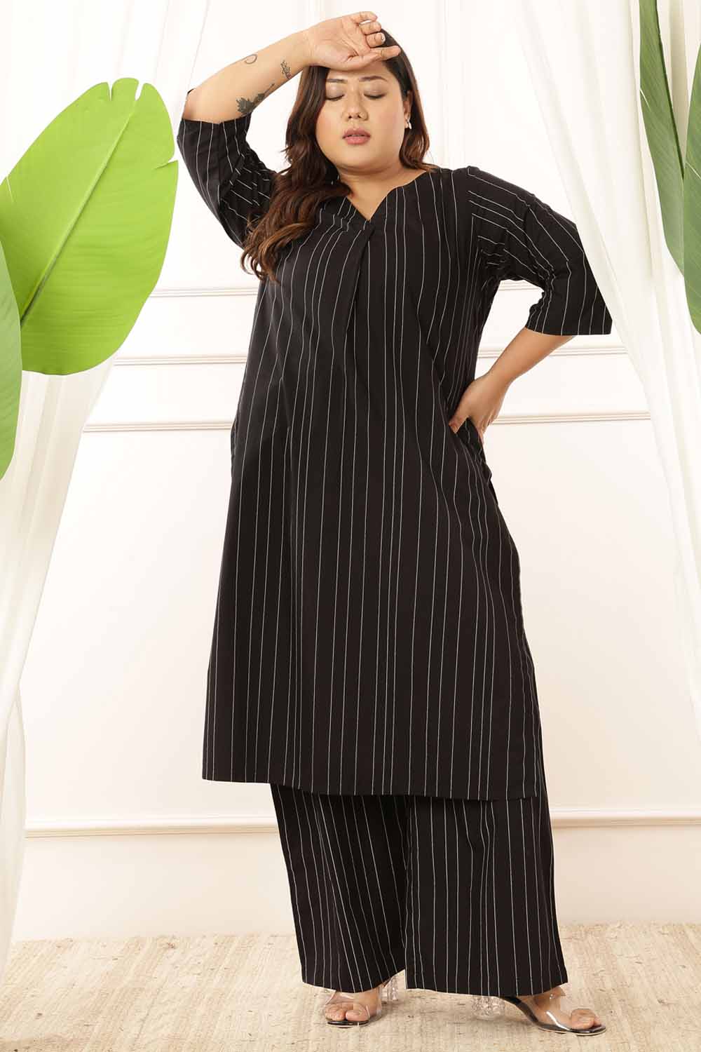 Buy Plus Size Black Stripe Cotton Kurta Coord Set