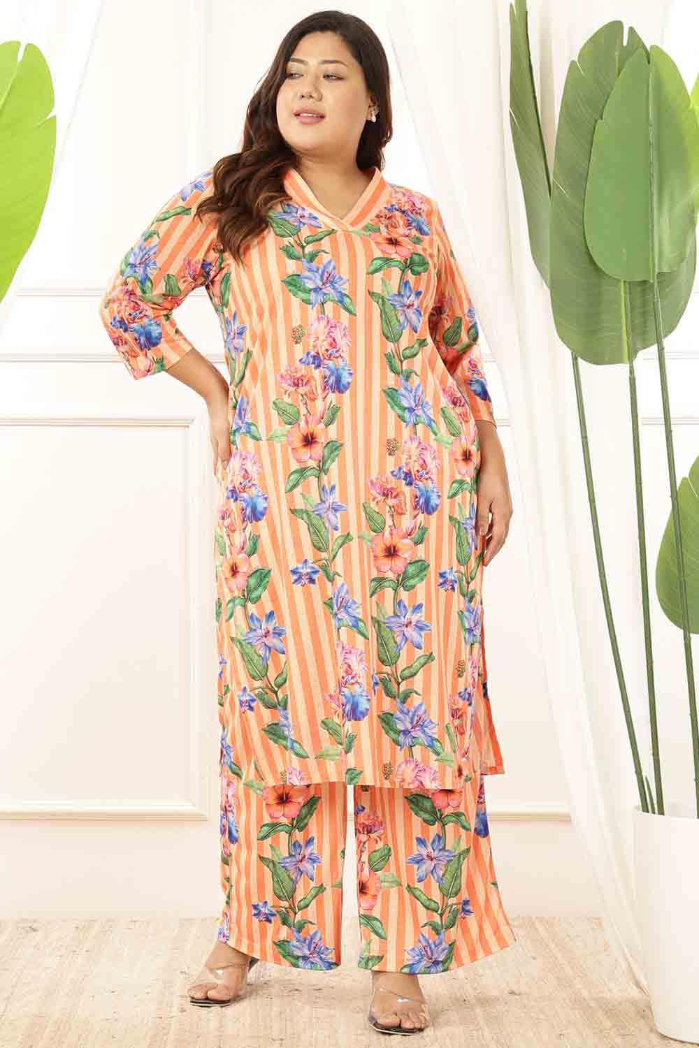 Plus Size Orange Floral Stripes Kurta Coord Set