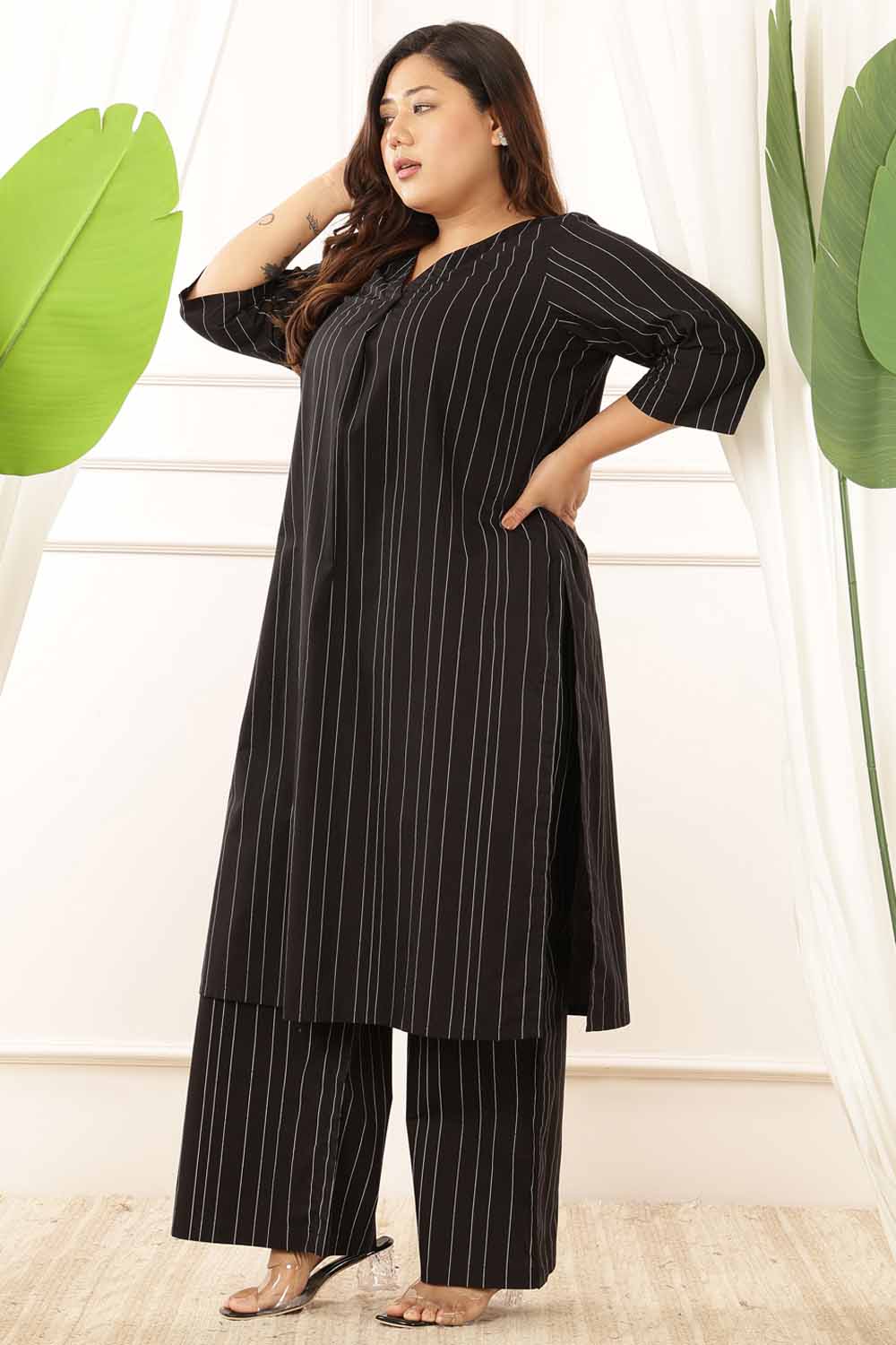 Plus Size Plus Size Black Stripe Cotton Kurta Coord Set