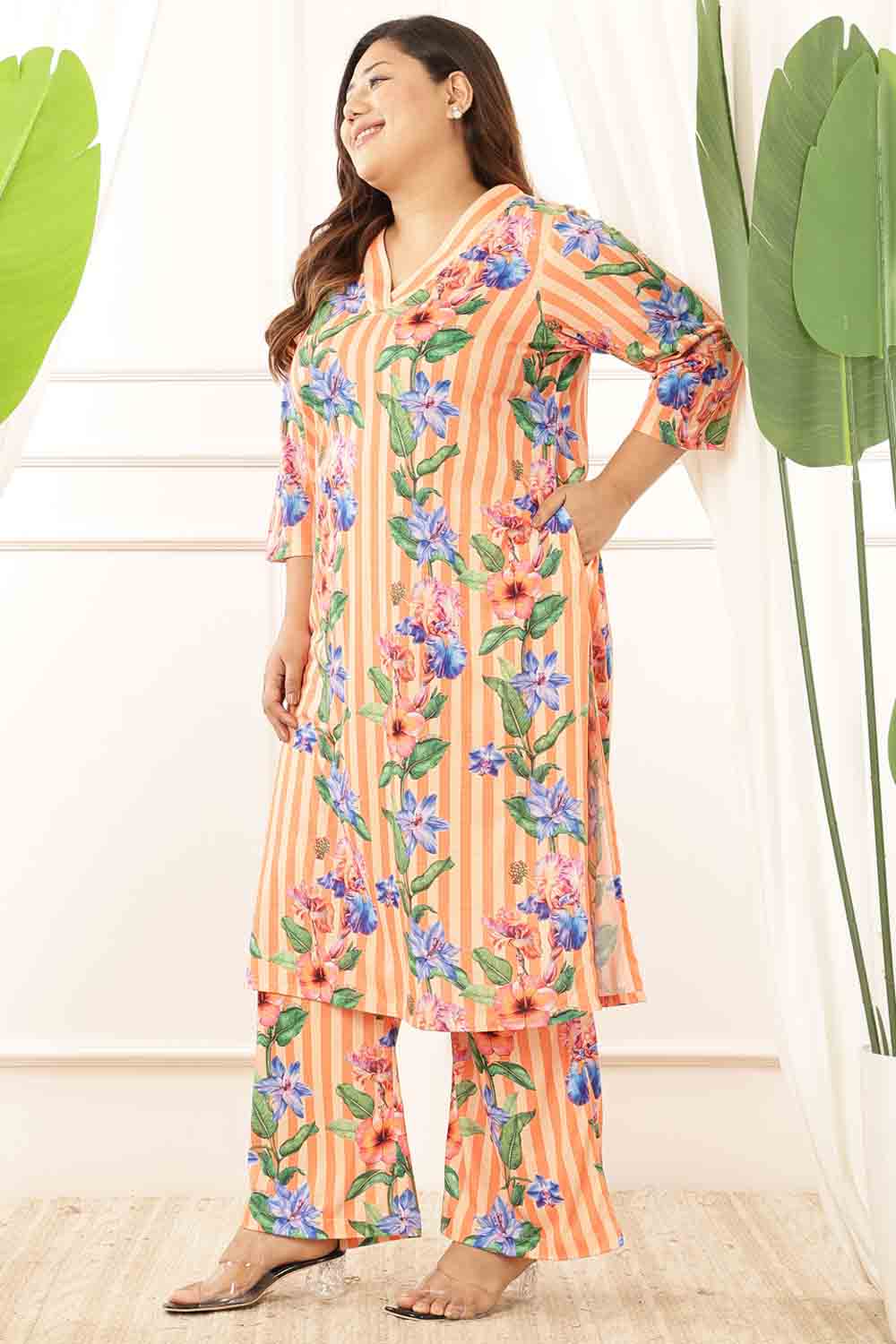 Plus Size Plus Size Orange Floral Stripes Kurta Coord Set