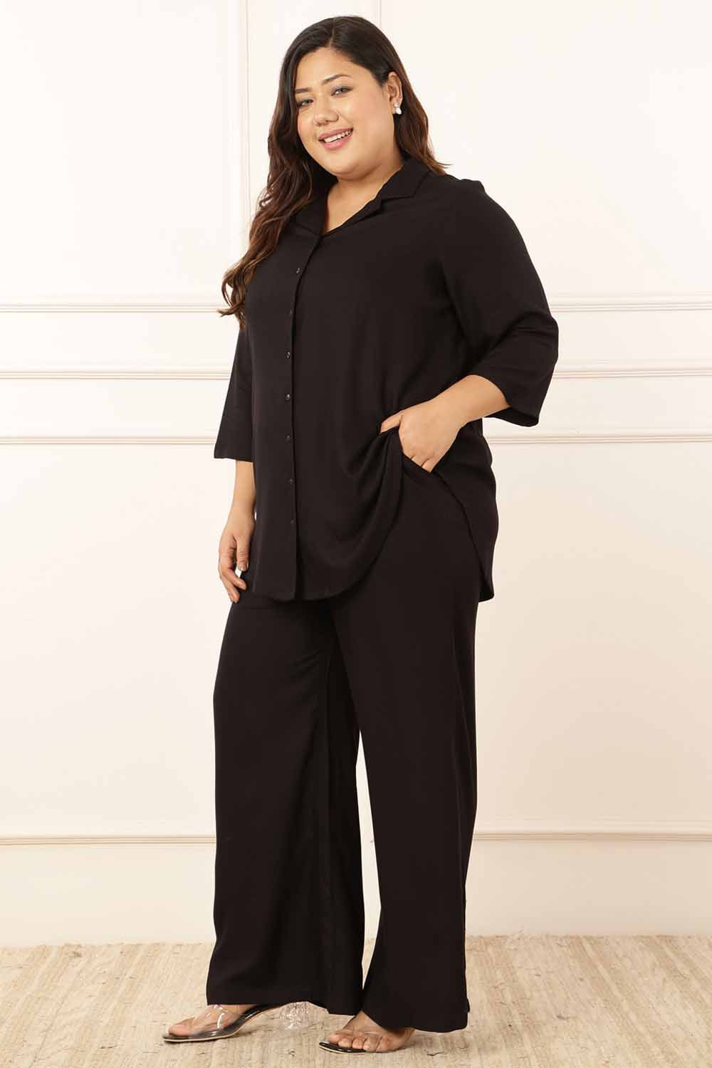 Plus Size Plus Size Black Rayon Twill Shirt Coord Set