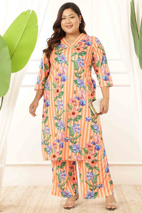 Plus Size Orange Floral Stripes Kurta Coord Set