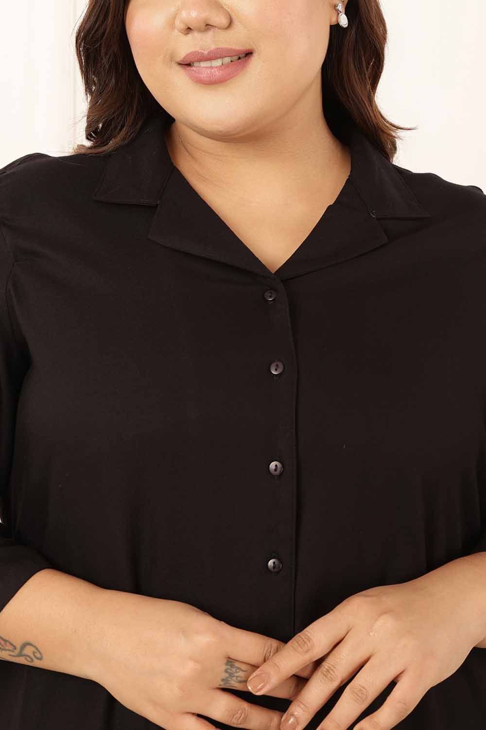 Comfortable Plus Size Black Rayon Twill Shirt Coord Set