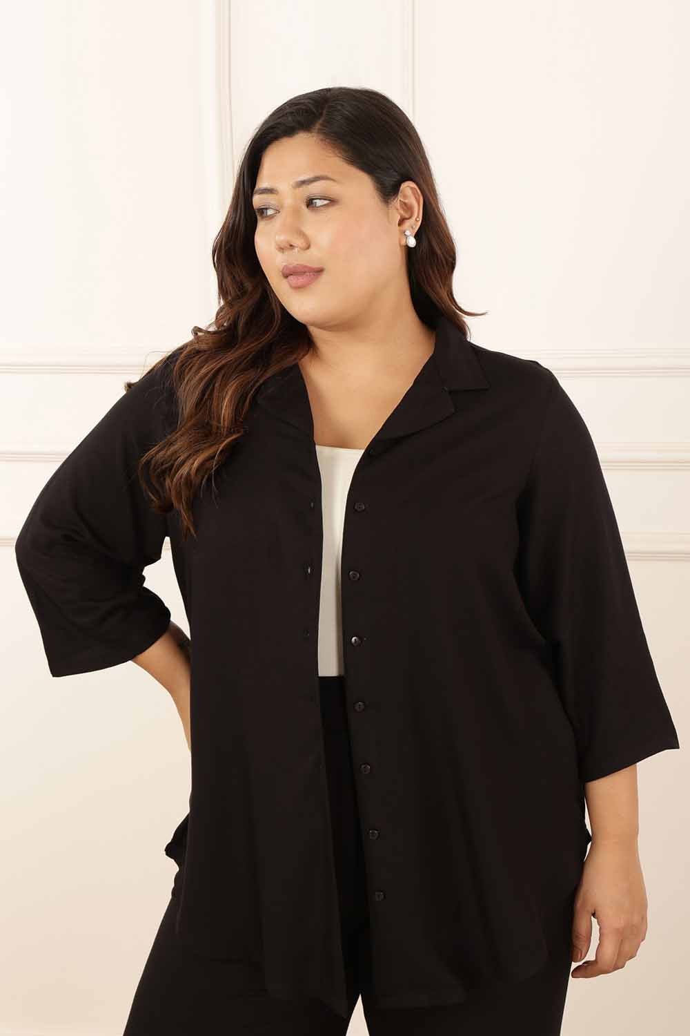 Plus Size Black Rayon Twill Shirt Coord Set for Women