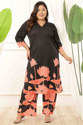 Plus Size Black Floral V Neck Kurta Coord Set