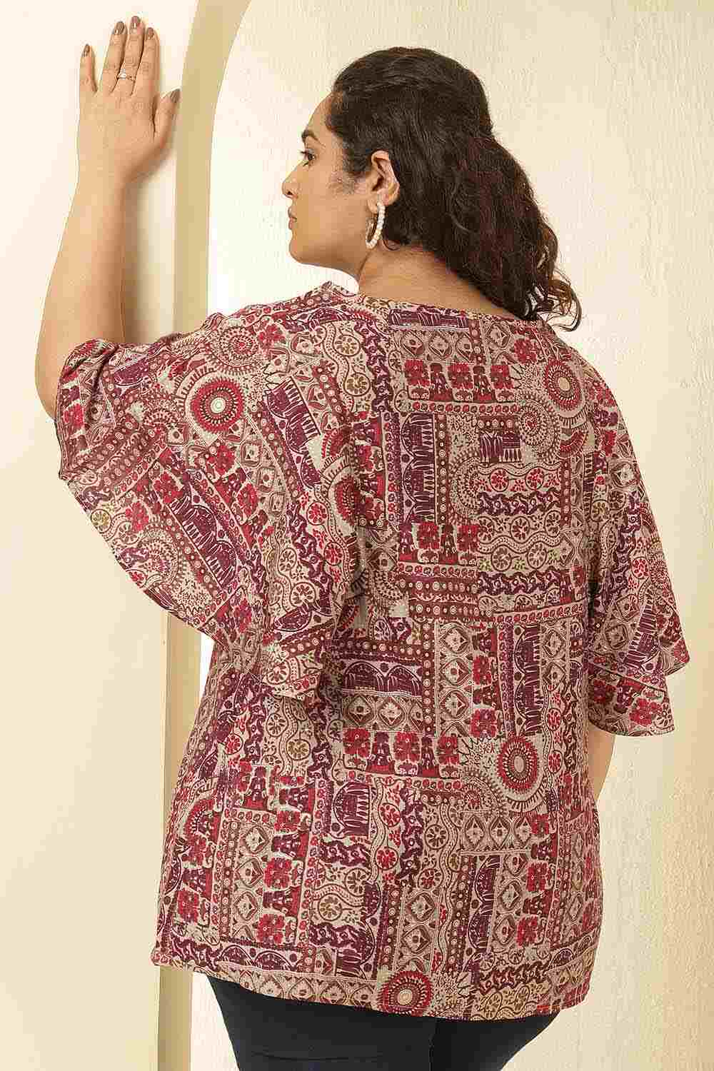 Plus Size Maroon Ethnic Print Flared Sleeve Rayon Muslin Top