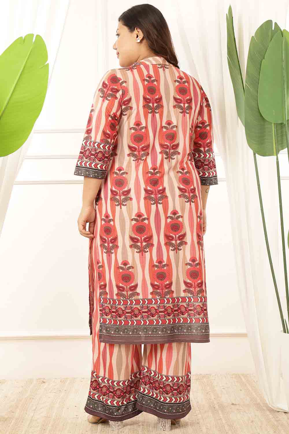 Plus Size Red Floral Motif Kurta Coord Set