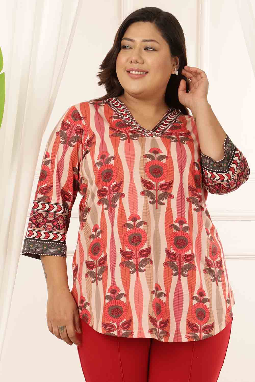 Plus Size Plus Size Red Floral Motif Top