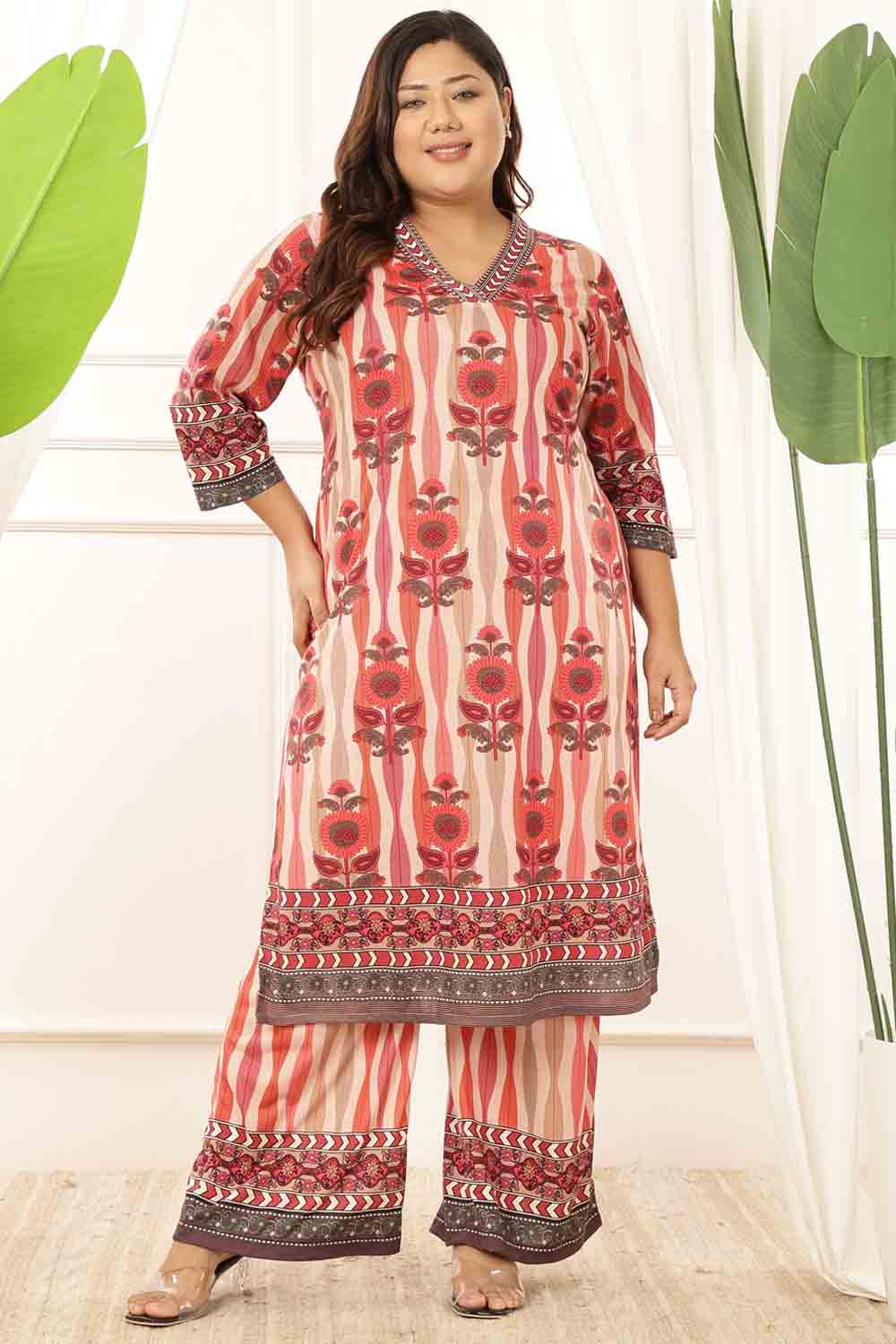 Plus Size Plus Size Red Floral Motif Kurta Coord Set