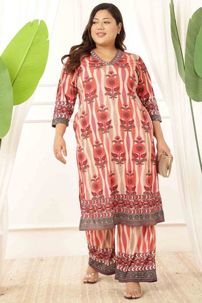 Plus Size Red Floral Motif Kurta Coord Set