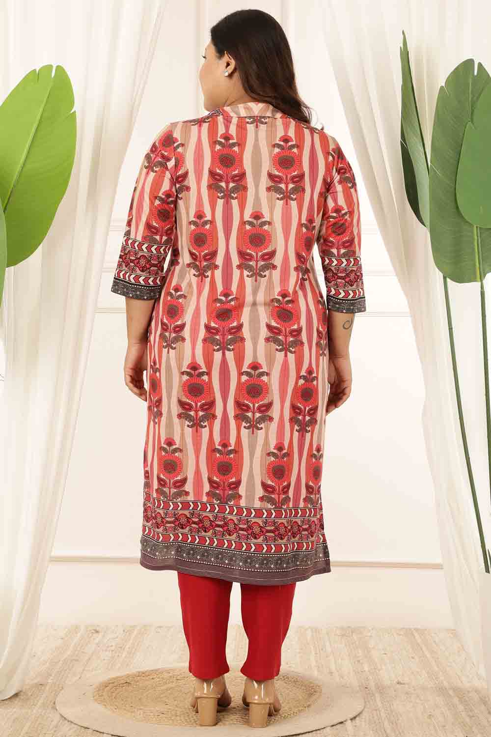 Plus Size Red Floral Motif Kurta