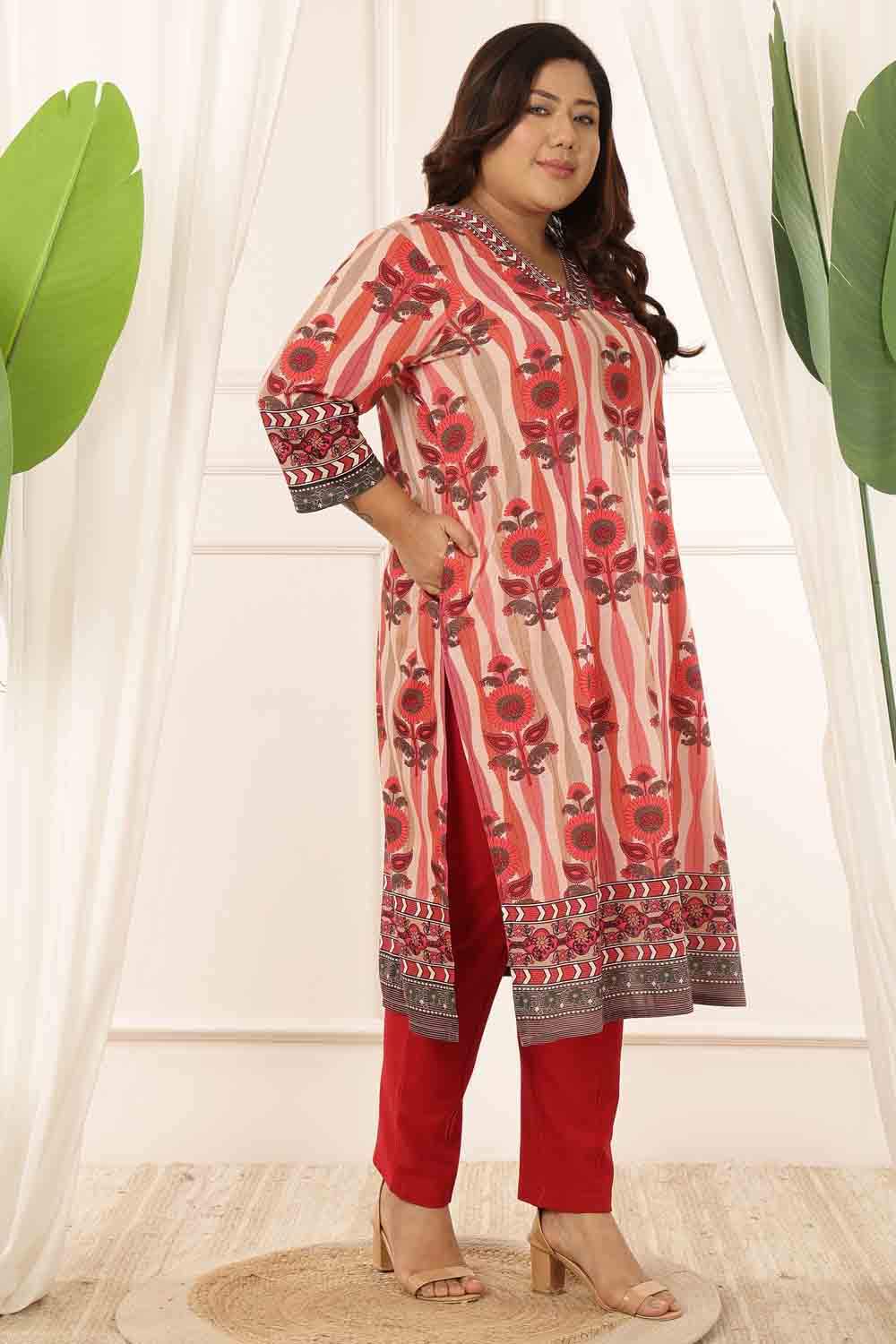 Plus Size Red Floral Motif Kurta for Women