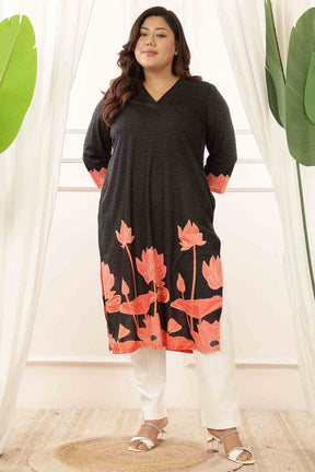 Plus Size Black Floral V Neck Kurta