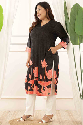 Plus Size Black Floral V Neck Kurta