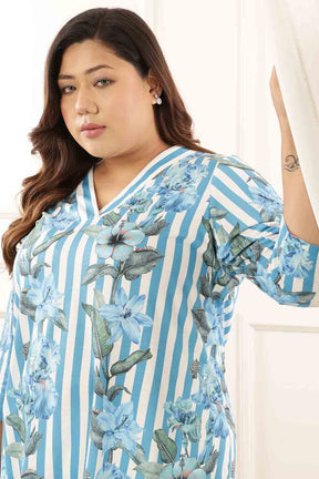 Plus Size Blue Floral Stripes Top