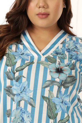 Plus Size Blue Floral Stripes Top