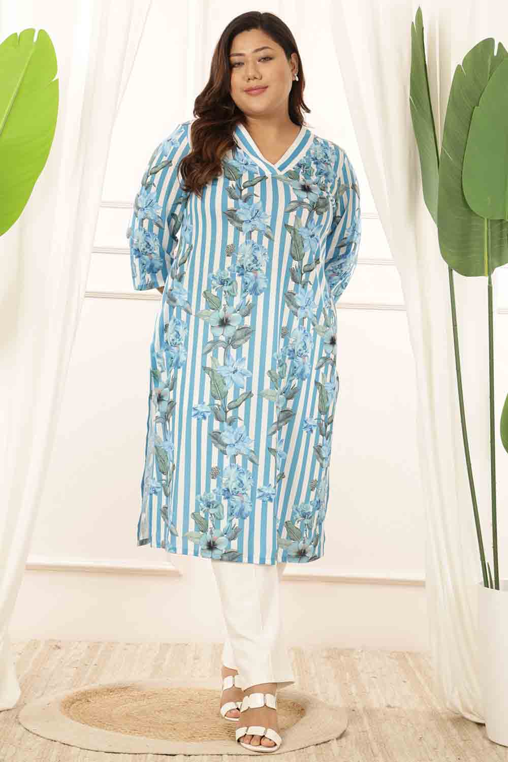 Plus Size Blue Floral Stripes Kurta for Women