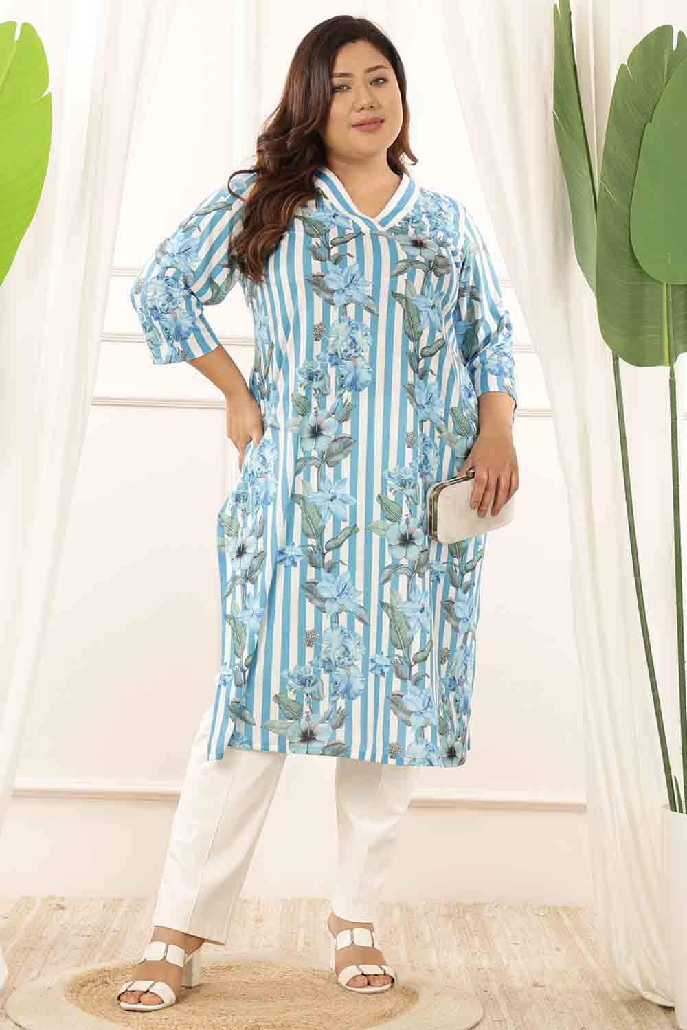 Plus Size Blue Floral Stripes Kurta