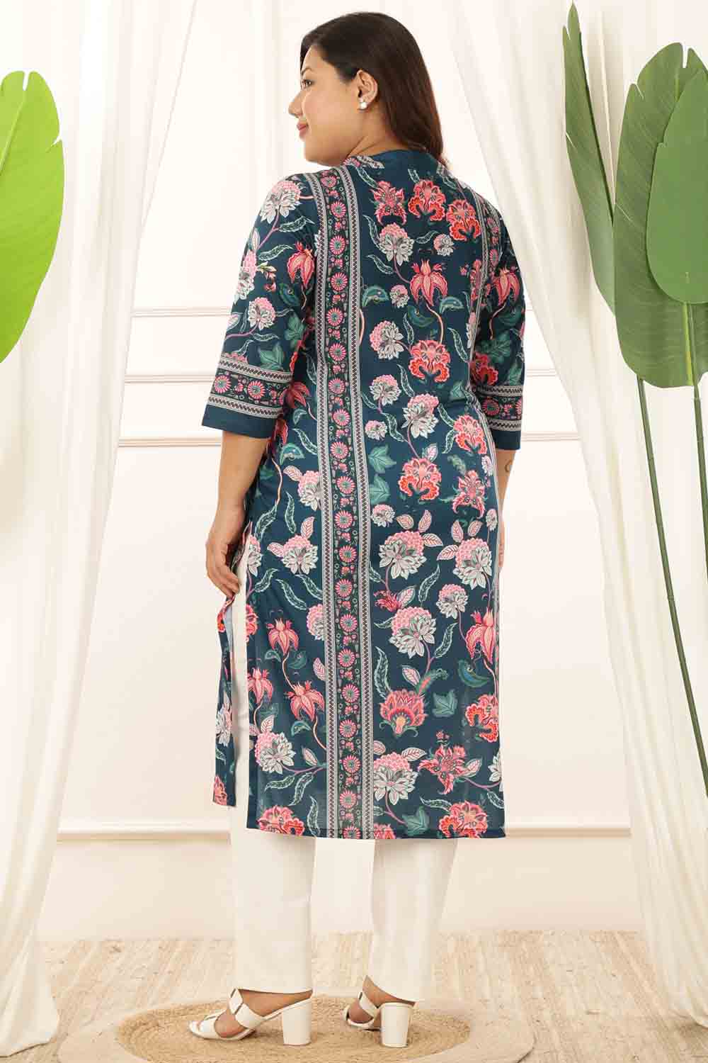 Plus Size Green Floral V Neck Kurta