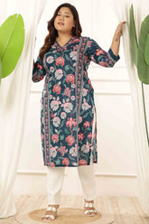 Plus Size Green Floral V Neck Kurta