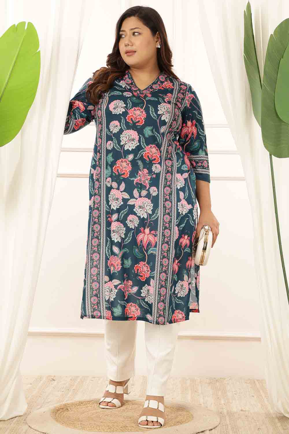 Plus Size Green Floral V Neck Kurta for Women