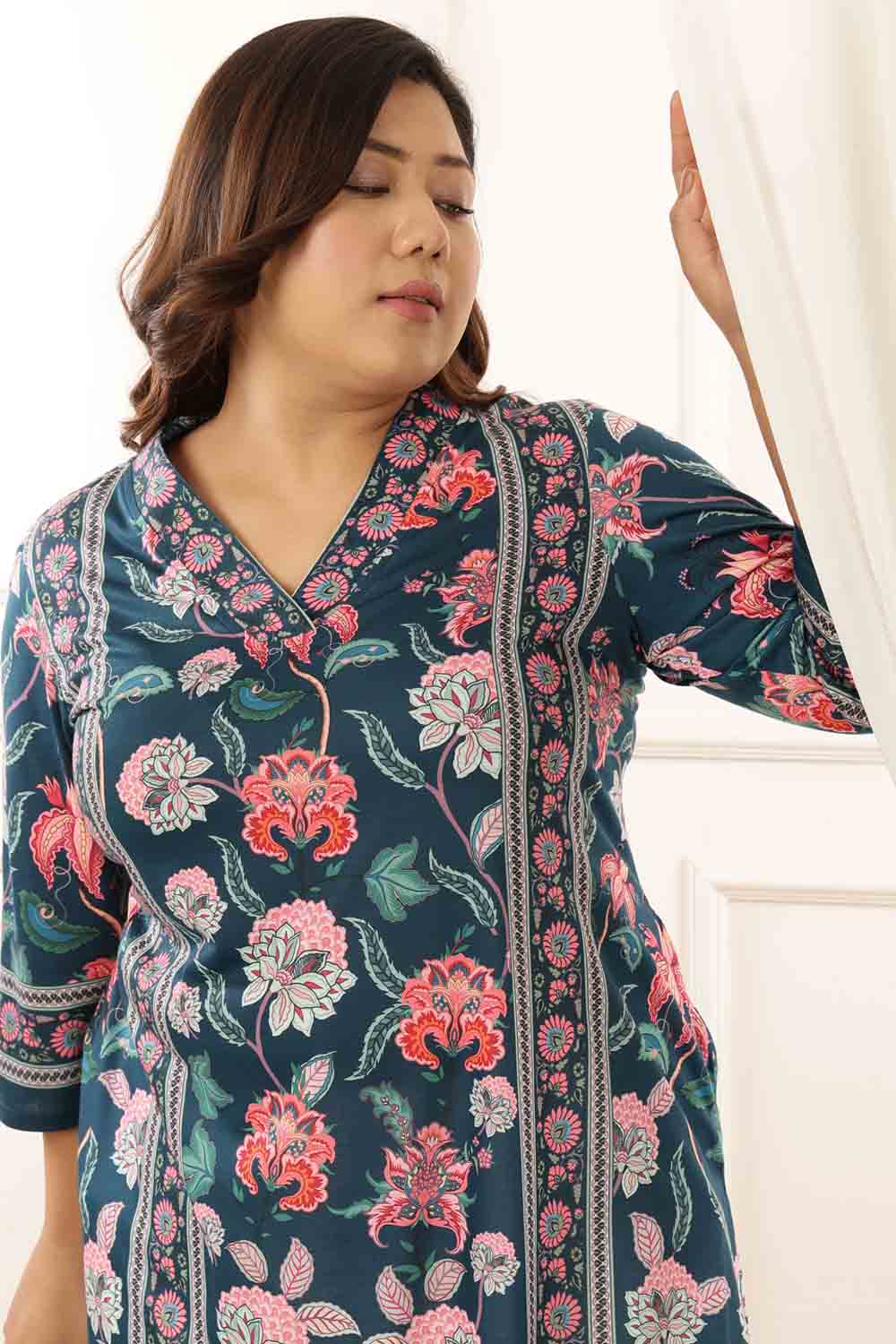 Plus Size Green Floral V Neck Kurta