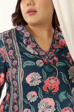 Plus Size Green Floral V Neck Kurta