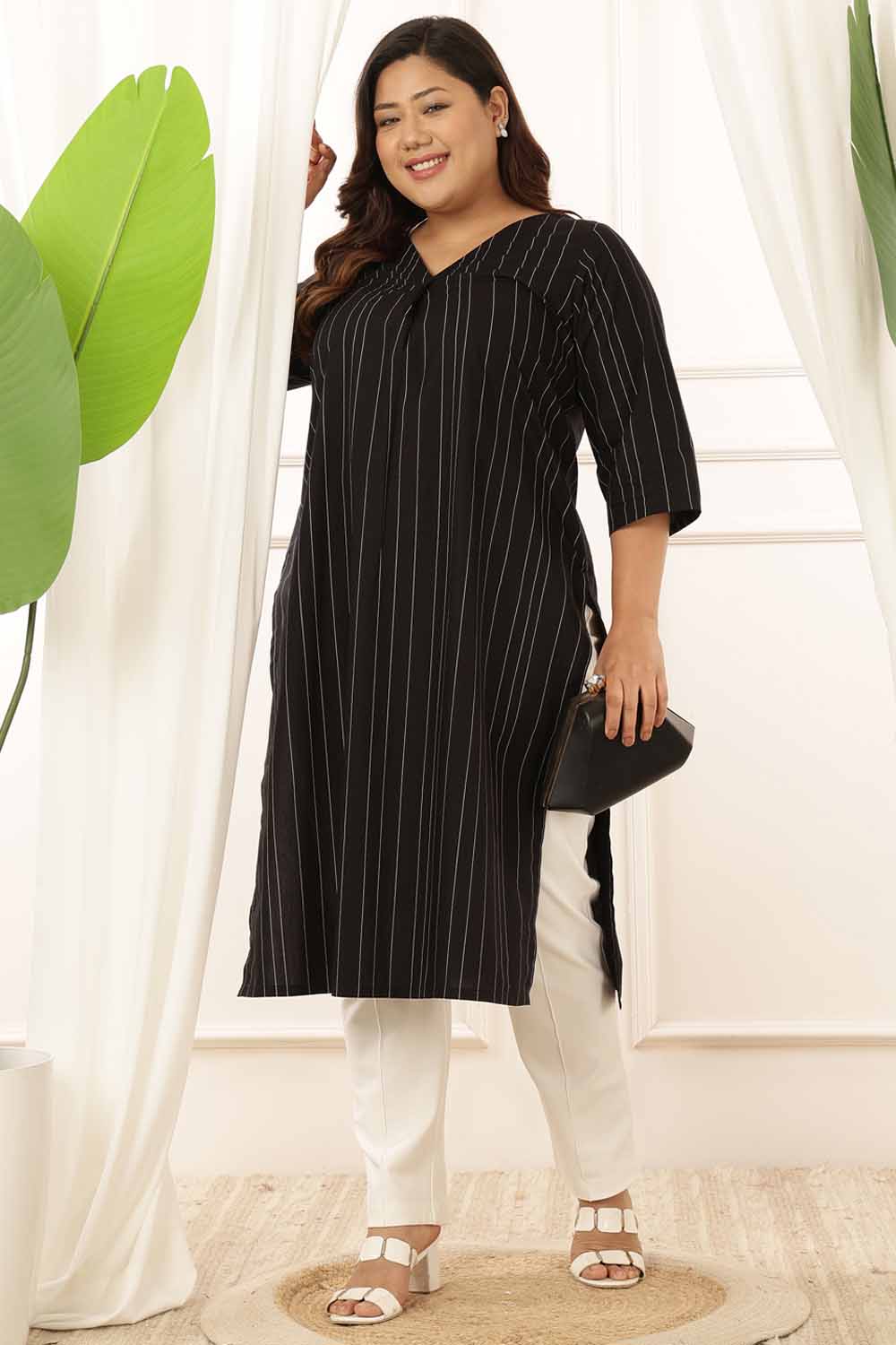 Plus Size Black Stripe Cotton Kurta