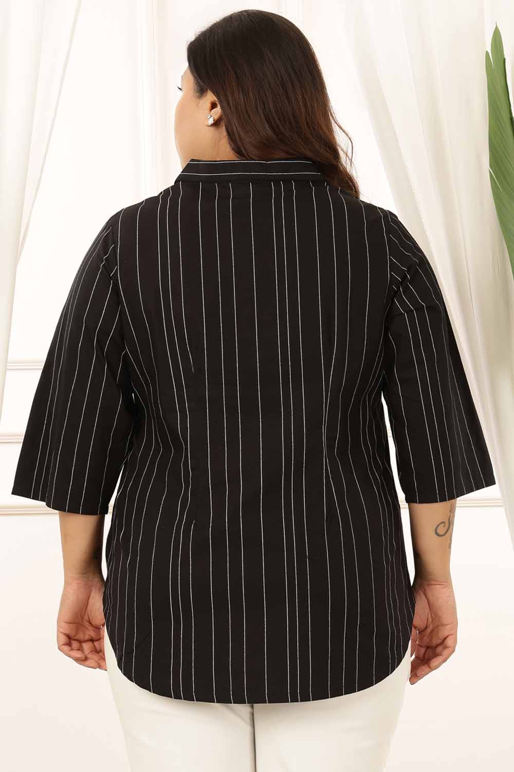 Plus Size Black Stripe Cuban Collar Cotton Shirt