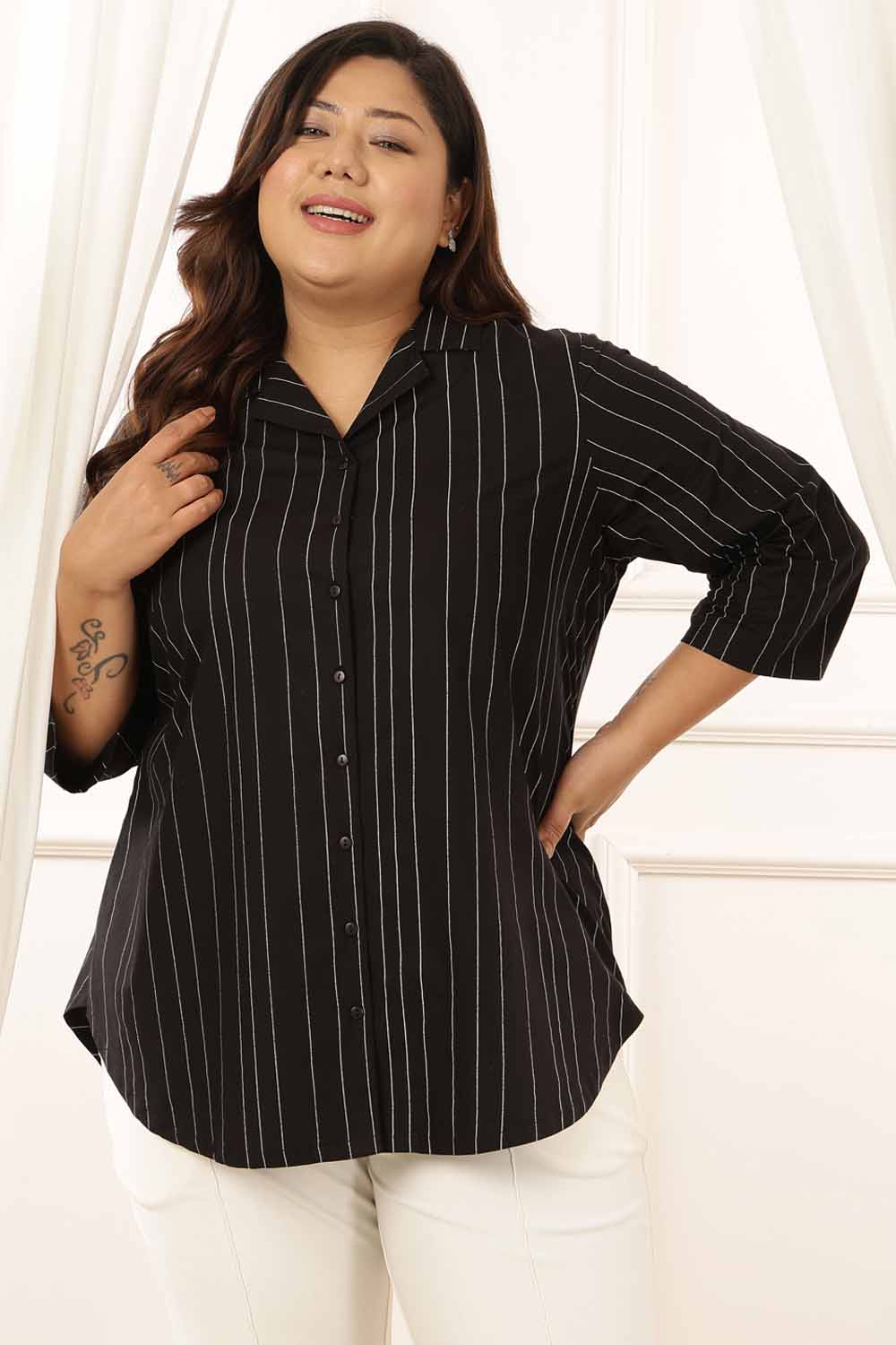 Plus Size Black Stripe Cuban Collar Cotton Shirt