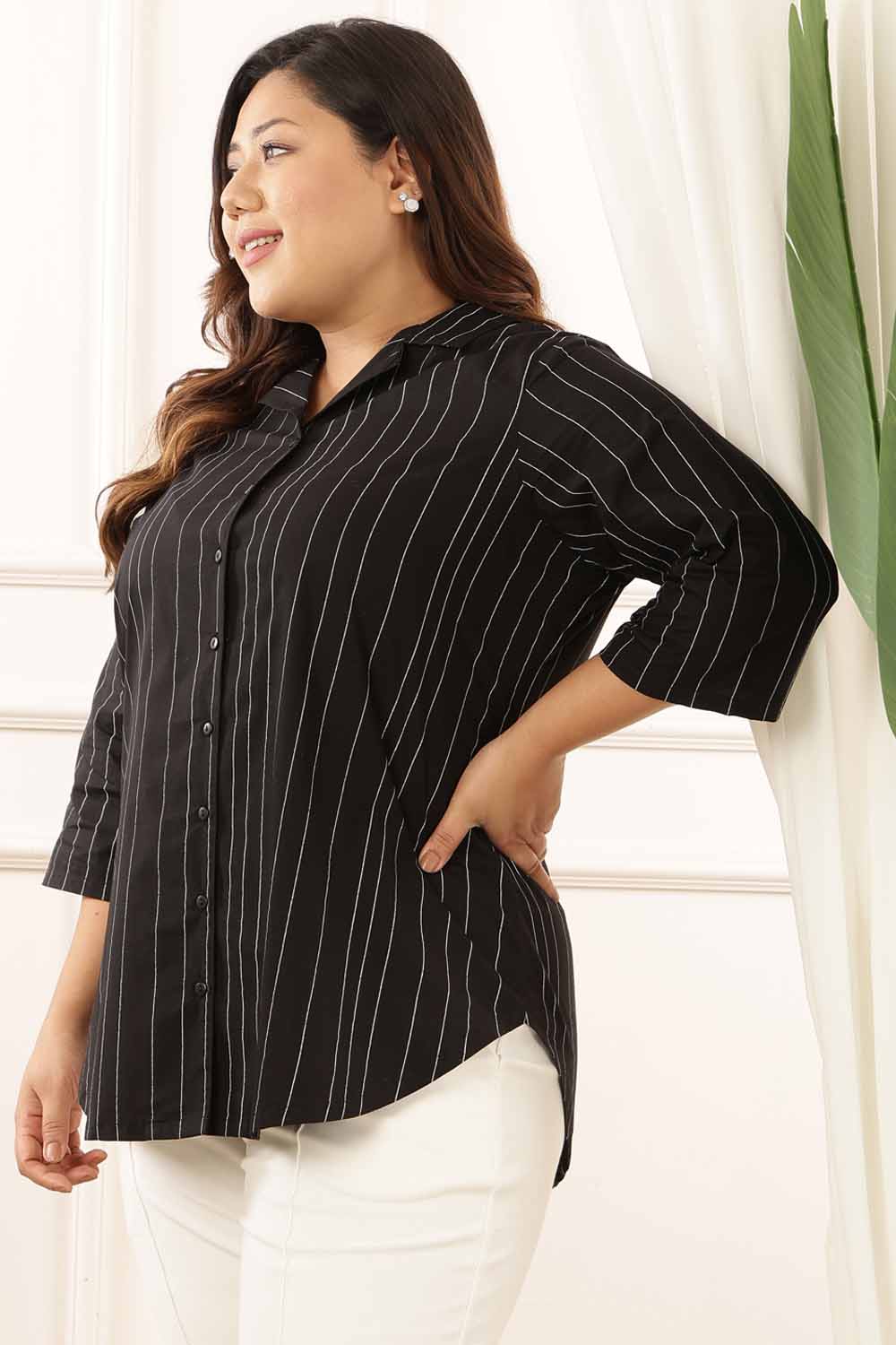 Plus Size Plus Size Black Stripe Cuban Collar Cotton Shirt