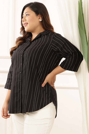 Plus Size Black Stripe Cuban Collar Cotton Shirt