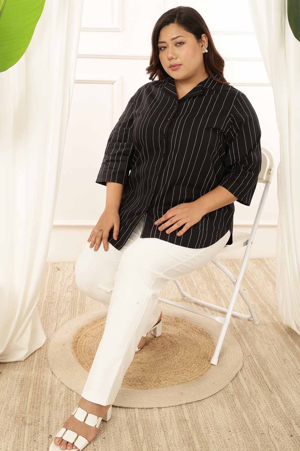 Plus Size Black Stripe Cuban Collar Cotton Shirt