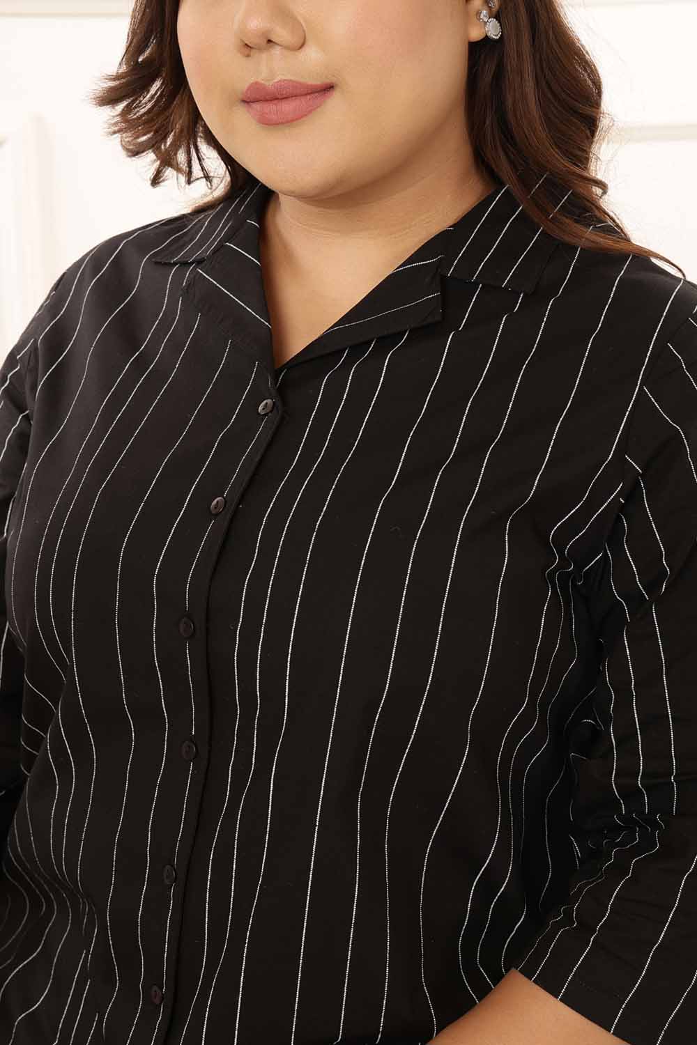 Comfortable Plus Size Black Stripe Cuban Collar Cotton Shirt