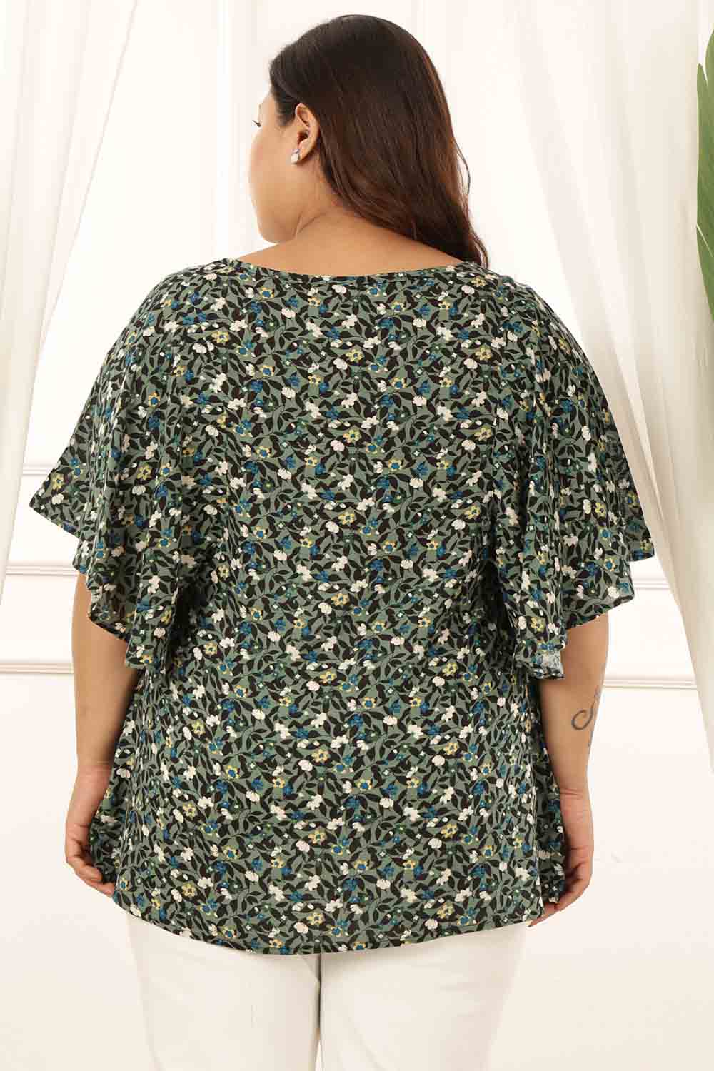 Plus Size Olive Floral Flare Top