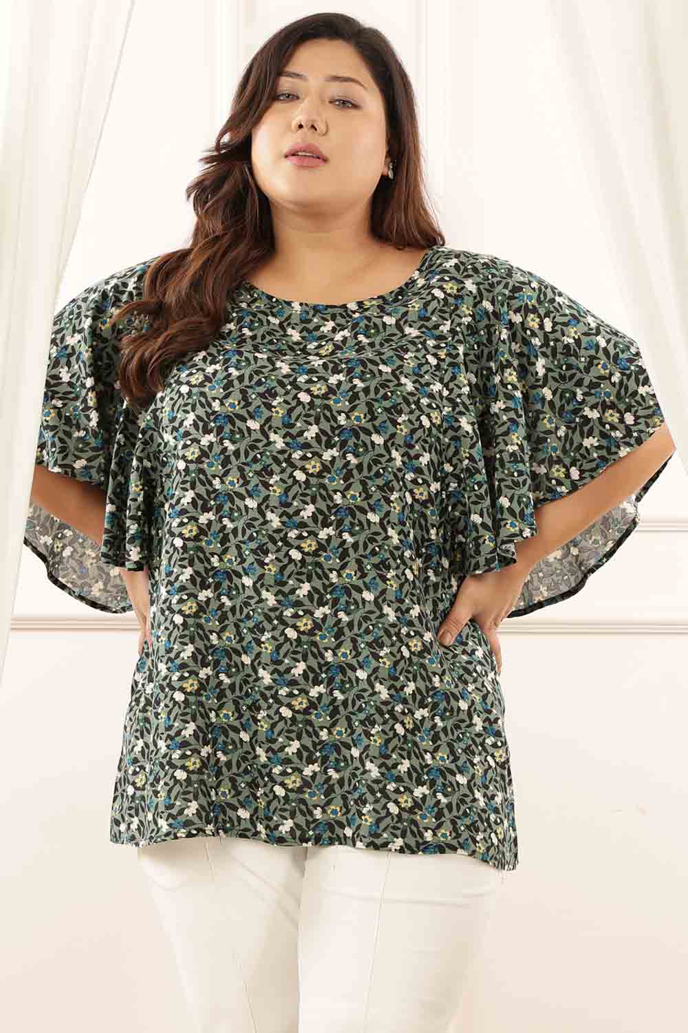 Plus Size Plus Size Olive Floral Flare Top