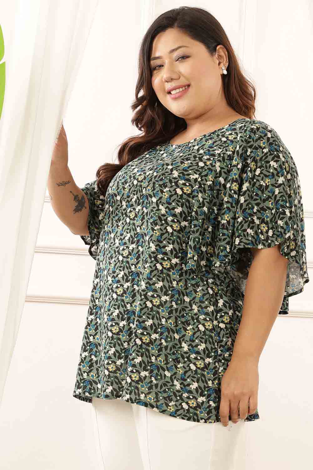 Comfortable Plus Size Olive Floral Flare Top