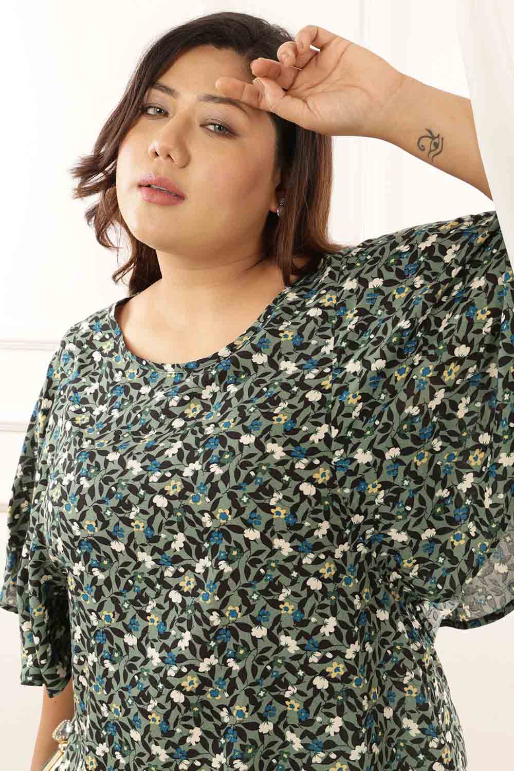 Plus Size Olive Floral Flare Top for Women