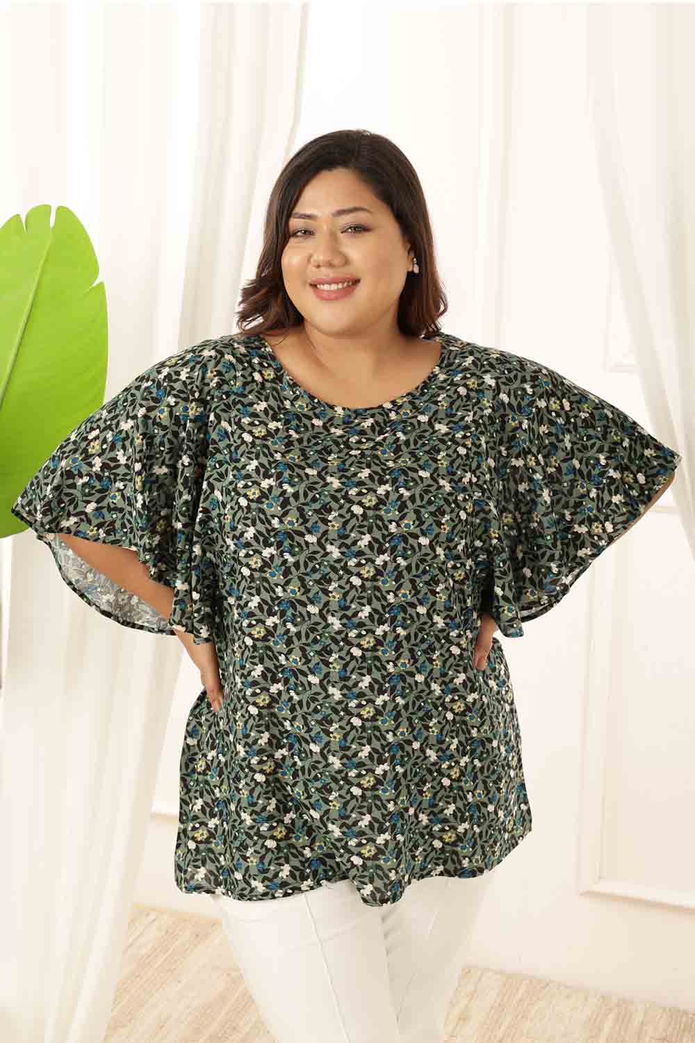 Plus Size Olive Floral Flare Top