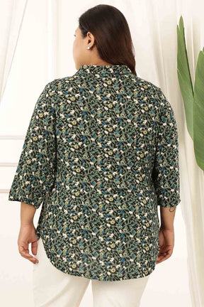 Plus Size Olive Floral Cuban Collar Shirt