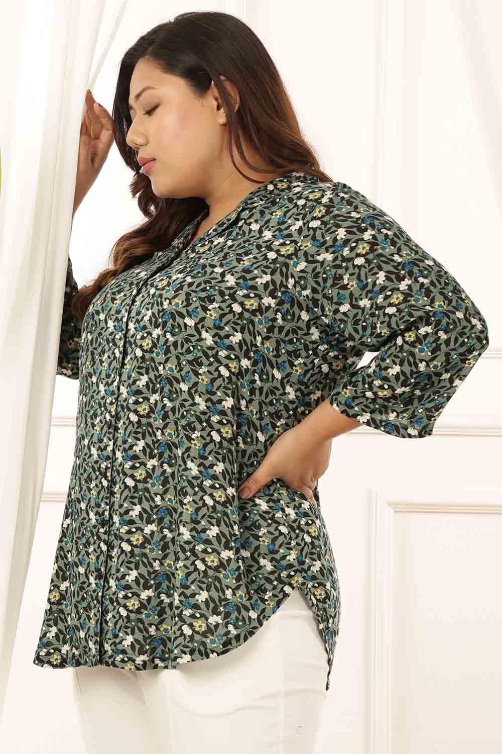 Plus Size Plus Size Olive Floral Cuban Collar Shirt