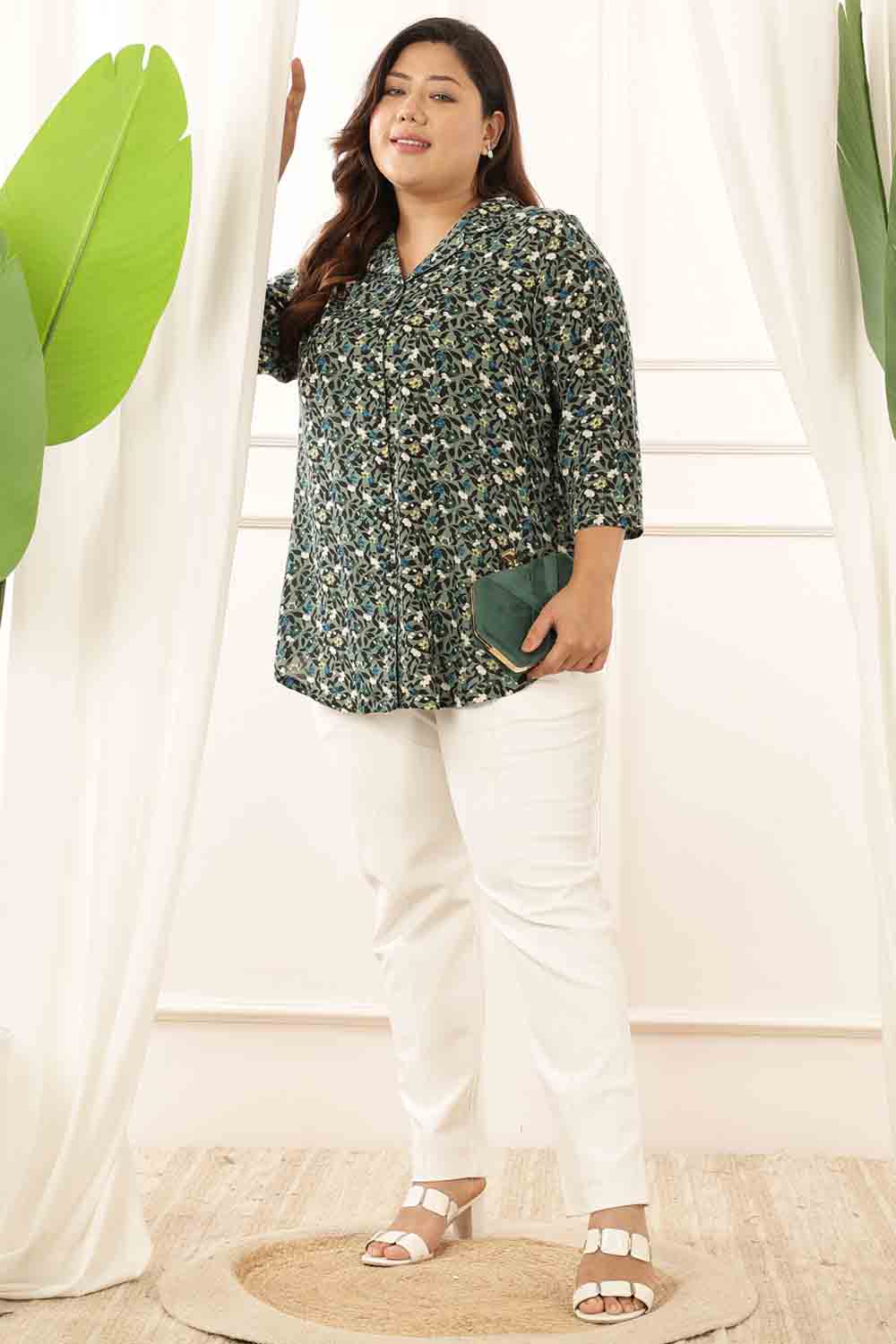 Plus Size Olive Floral Cuban Collar Shirt