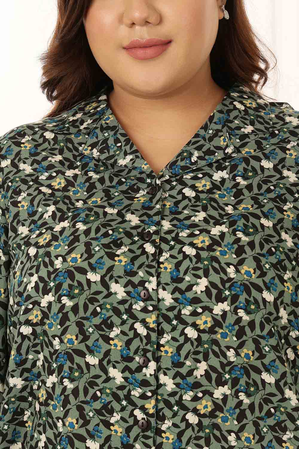 Comfortable Plus Size Olive Floral Cuban Collar Shirt