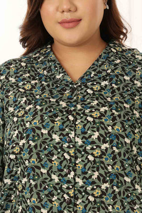 Plus Size Olive Floral Cuban Collar Shirt